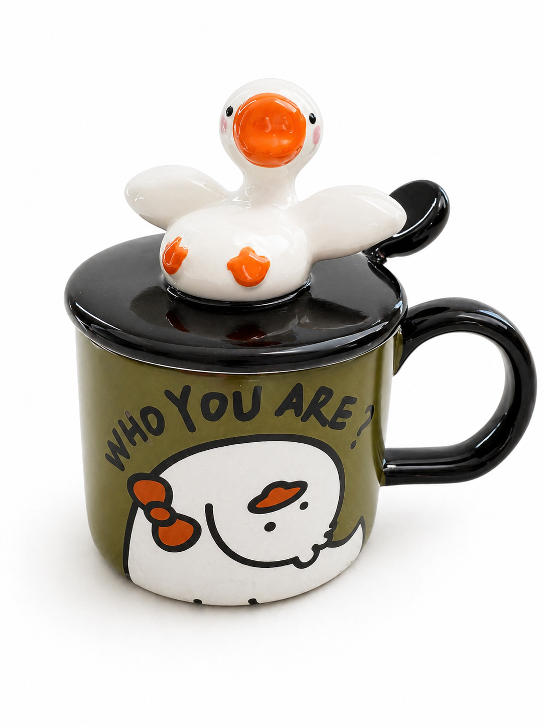 Taza Patito Lucky Verde , de ceramica, tama o grande con tapa y cuchara, dise o unico.