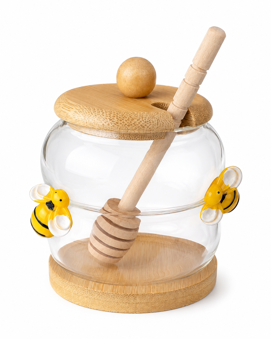 Frasco Mielero ABEJITAS, con Tapa y Base de madera, cuchara mielera de madera.