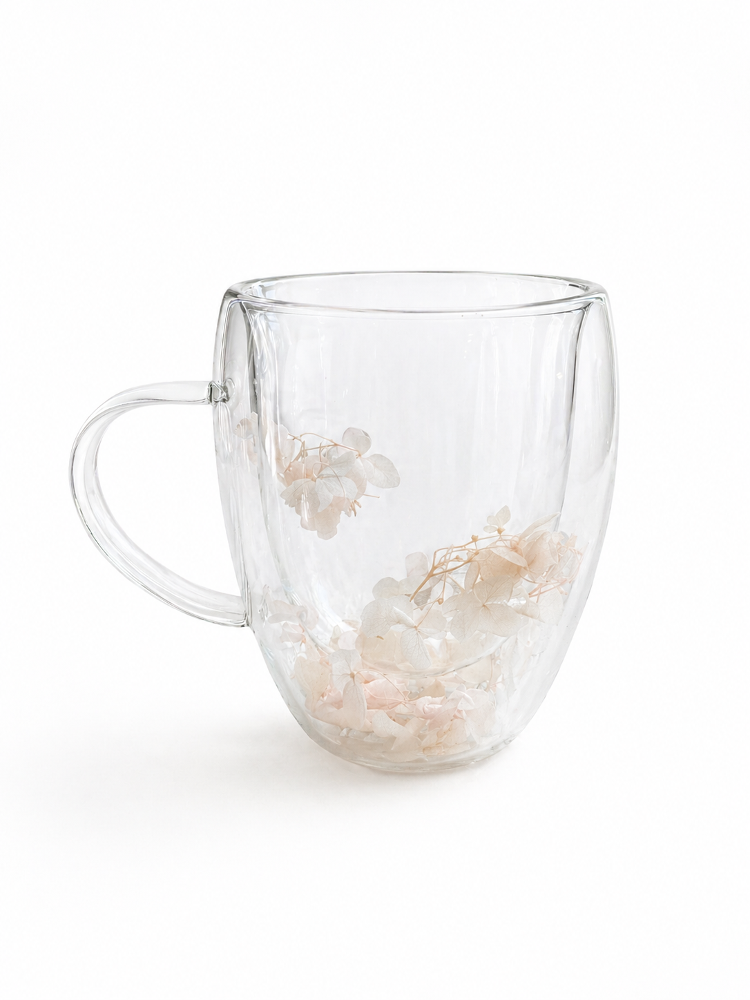 Taza Te o Cafe  grande Doble vidrio decorado con Flores secas Blancas