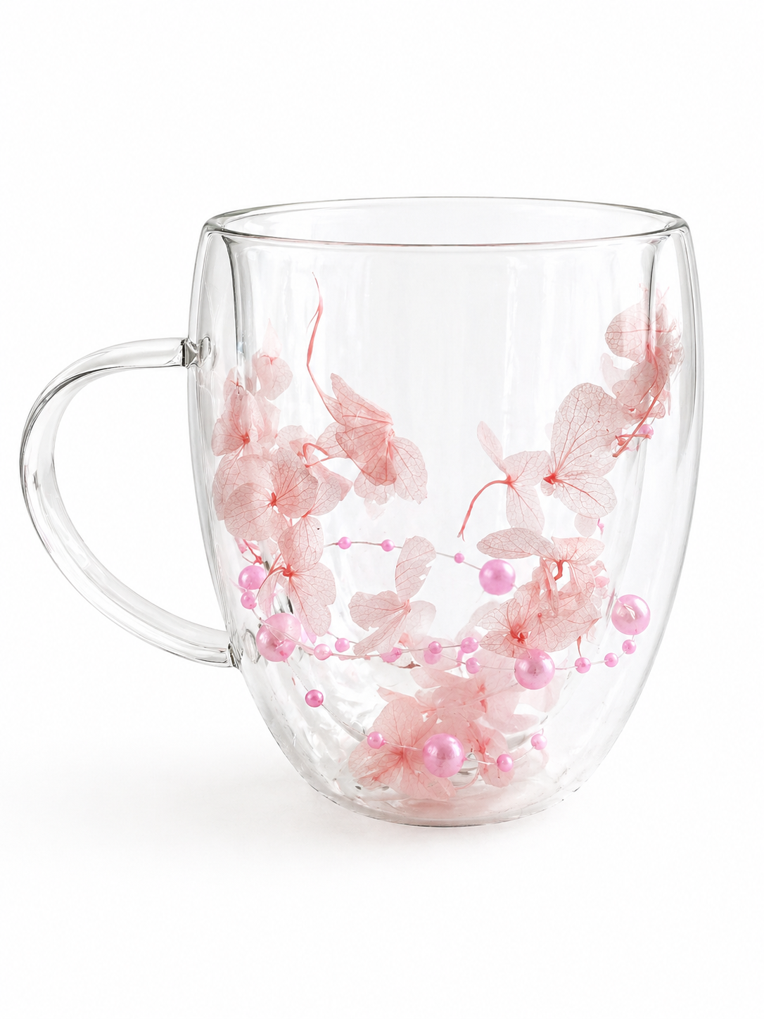 Taza Te o Cafe  grande Doble vidrio decorado con Perlas y Flores Rosas