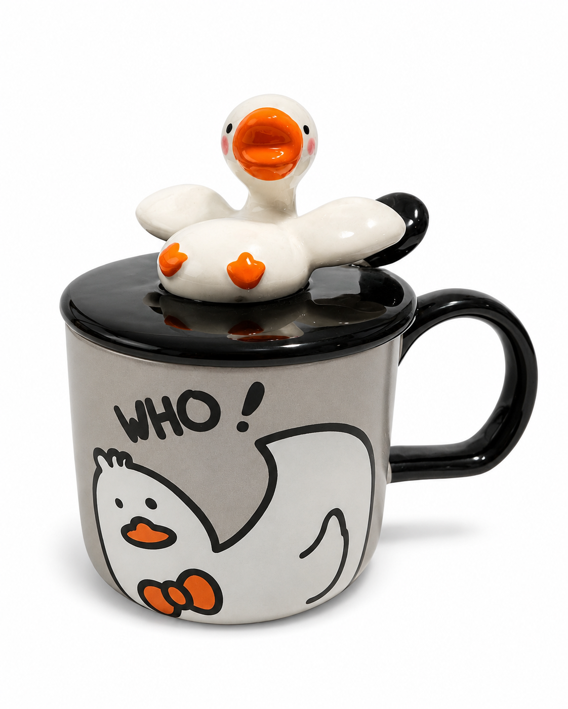 Taza Patito Lucky Gris , de ceramica, tama o grande con tapa y cuchara, dise o unico.