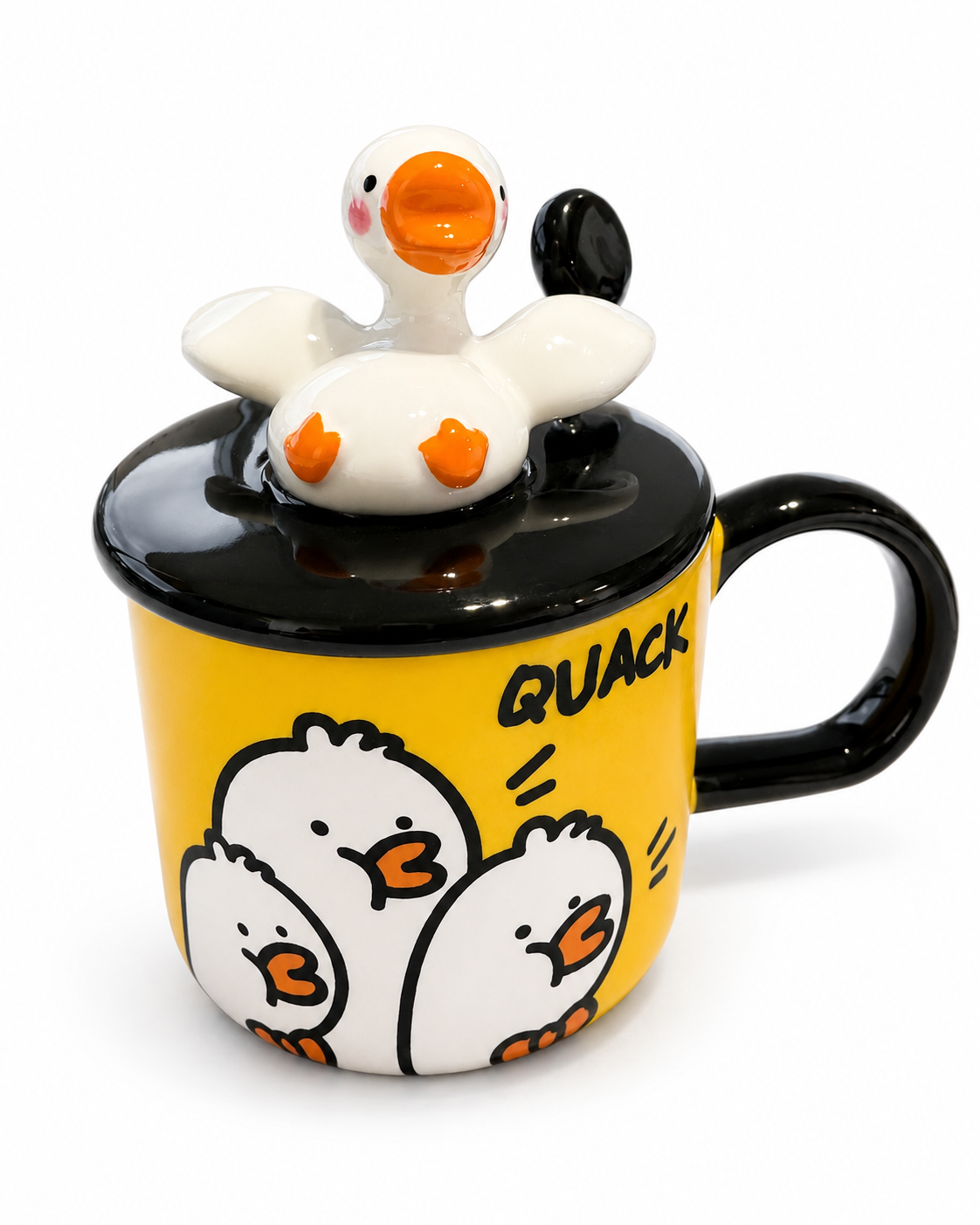 Taza Patito Lucky Naranja , de ceramica, grande con tapa y cuchara, diseo unico.