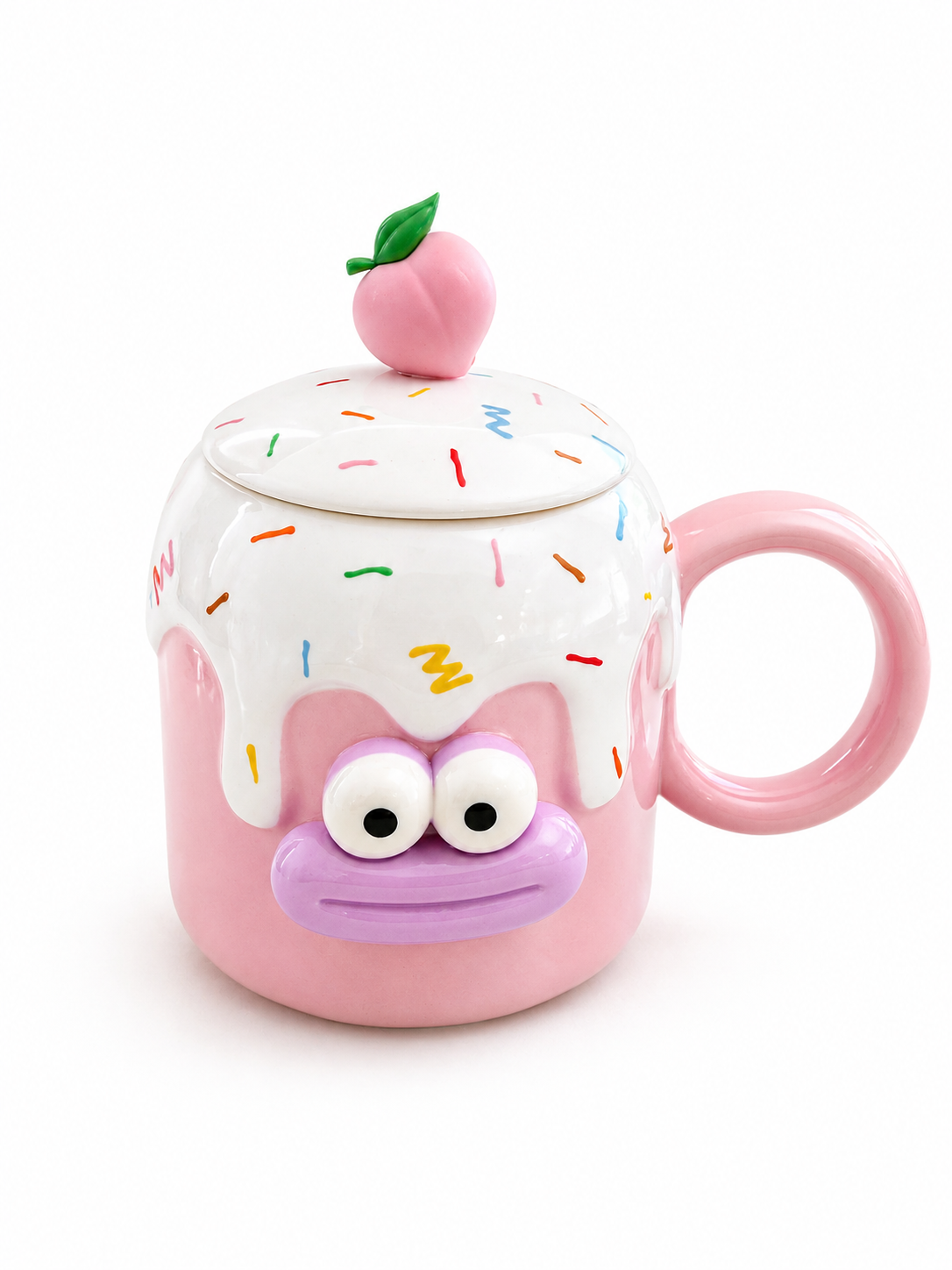 Taza grande Carita  Rosa, con tapa y cuchara.