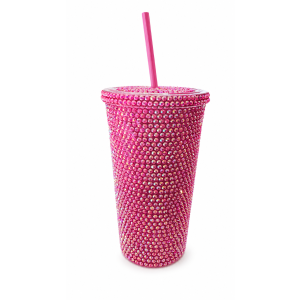Vaso Termico DELUXE con Strass , tapa y Sorbete. Fuxia